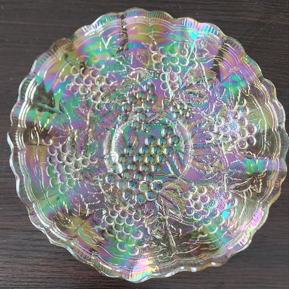 Antique carnival glass iridescent plate/bowl, ruffled edge & grape motif VINTAGE